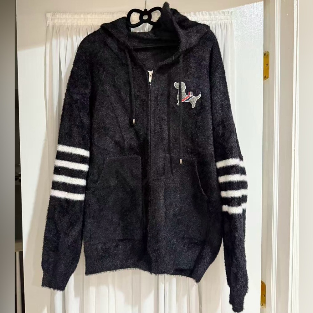 Black Fuzzy Hoodie with Stripes